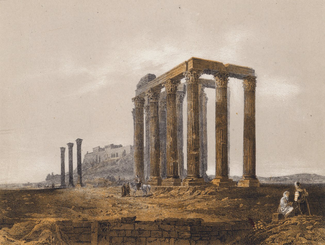 Templo de Zeus do Olimpo, Atenas, Grécia (litografia a cores) de German School