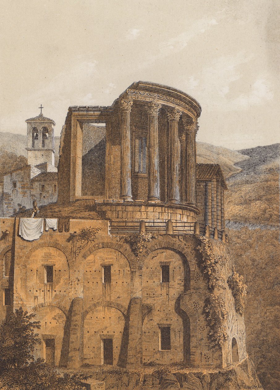 Templo de Vesta, Tivoli, Itália (litografia a cores) de German School