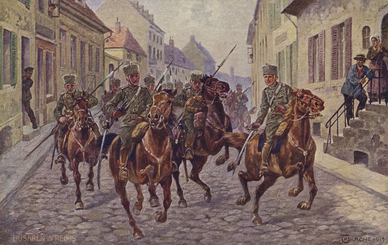Tomada temporária da cidade de Reims pelos hussardos alemães, Primeira Guerra Mundial, 9 de setembro de 1914 (litografia a cores) de German School