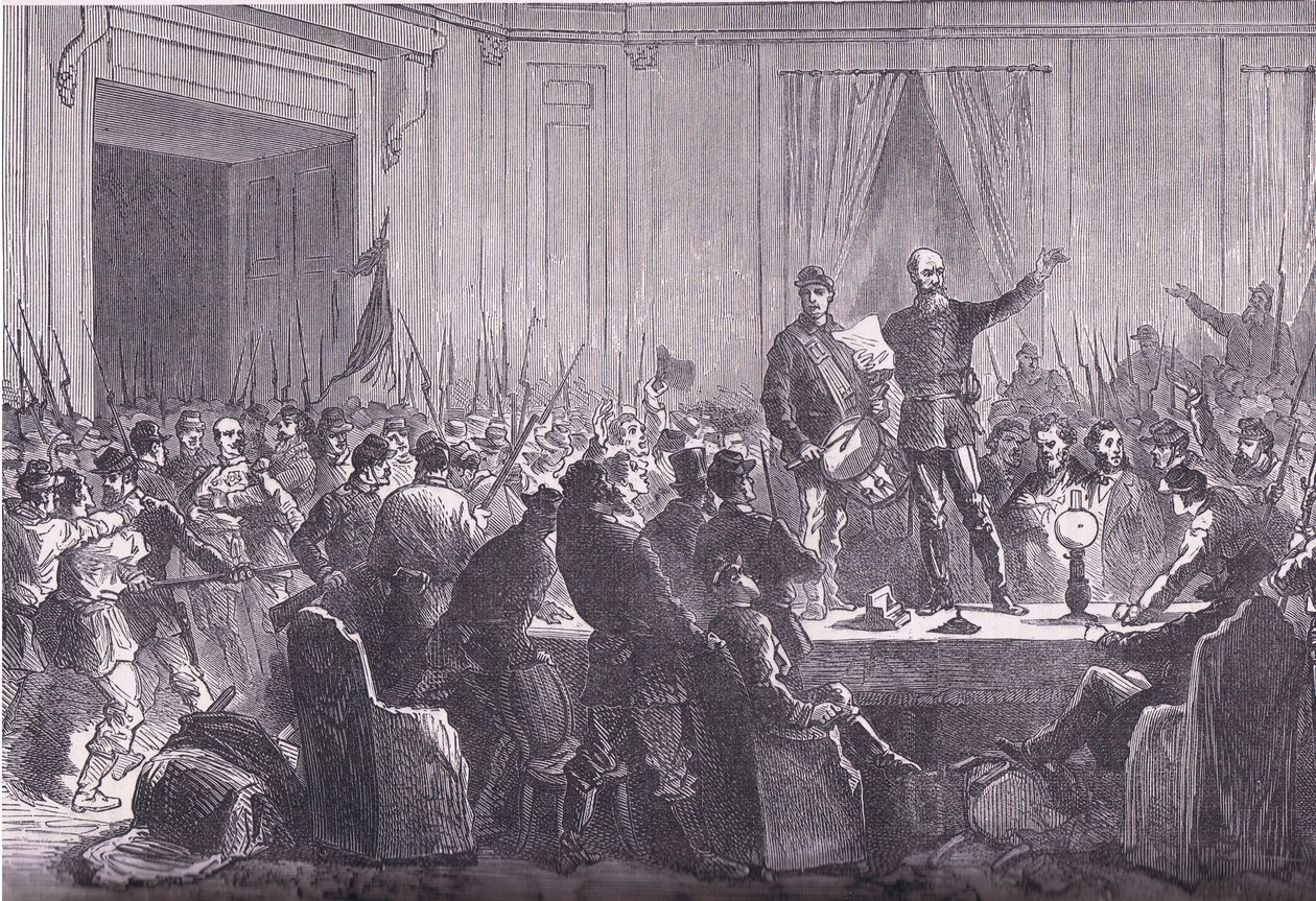 O 106º Batalhão de Guardas Nacionais entregando Trochu no Hotel De Ville, Cassells História da Guerra entre a França e a Alemanha publicado pela Cassell and Company Limited, c.1890 (litho) de German School