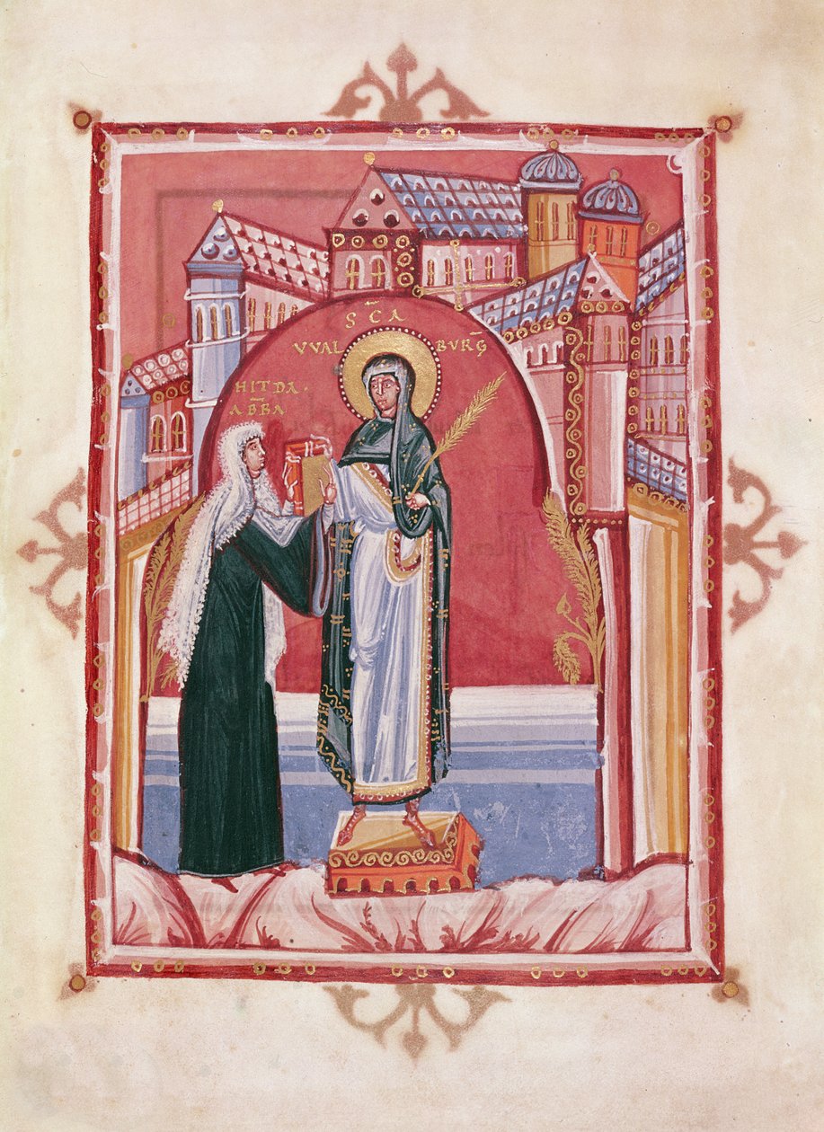 A abadessa Hilda oferecendo o evangelho a St. Walburga de German School