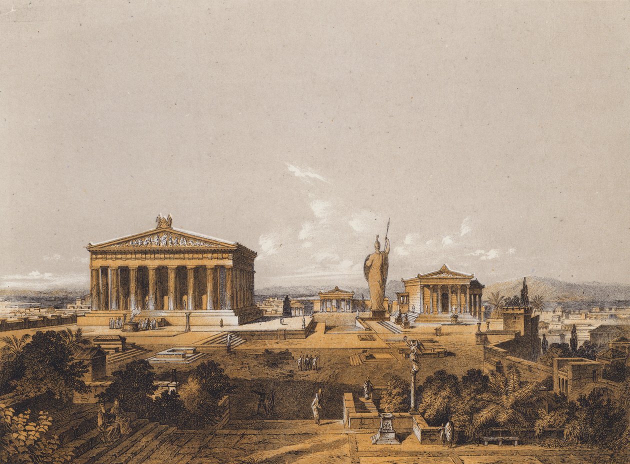 A Acrópole, Atenas, no tempo de Péricles (litografia a cores) de German School