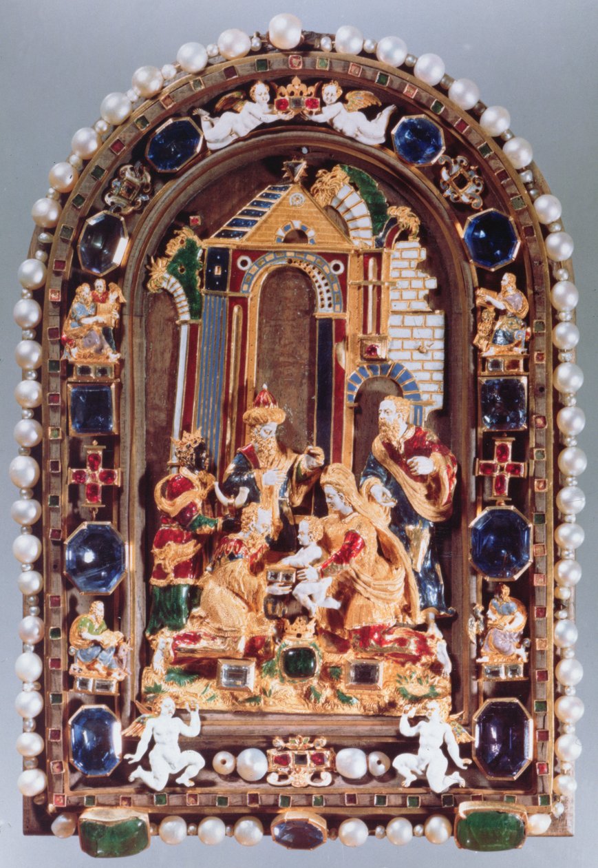 A adoração dos reis, placa em relevo emoldurada com figuras em miniatura dos quatro evangelistas e putti alternando com safiras, de Munique (esmalte, dourado, pedras semipreciosas, pérolas) de German School