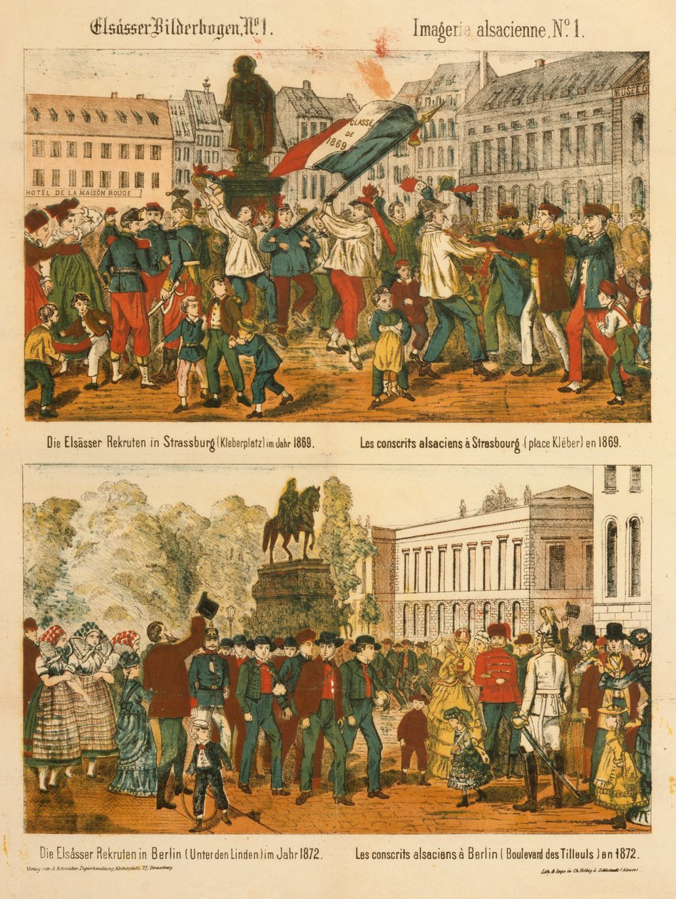A Alsácia recruta em Estrasburgo (Kleberplatz) em 1869 e em Berlim (Under den Linden) em 1872, de Elsaesser Bilderbogen, publicado por A. Schneider, Estrasburgo, 1873 de German School