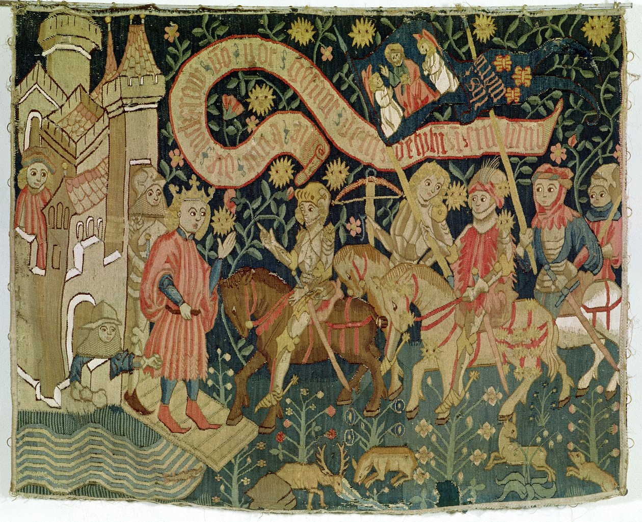 A chegada de Joana d&39;Arc (c.1412-31) ao Castelo de Chinon em 6 de março de 1423, recebida por Carlos VII (1403-61), fabricada na época da Donzela de German School