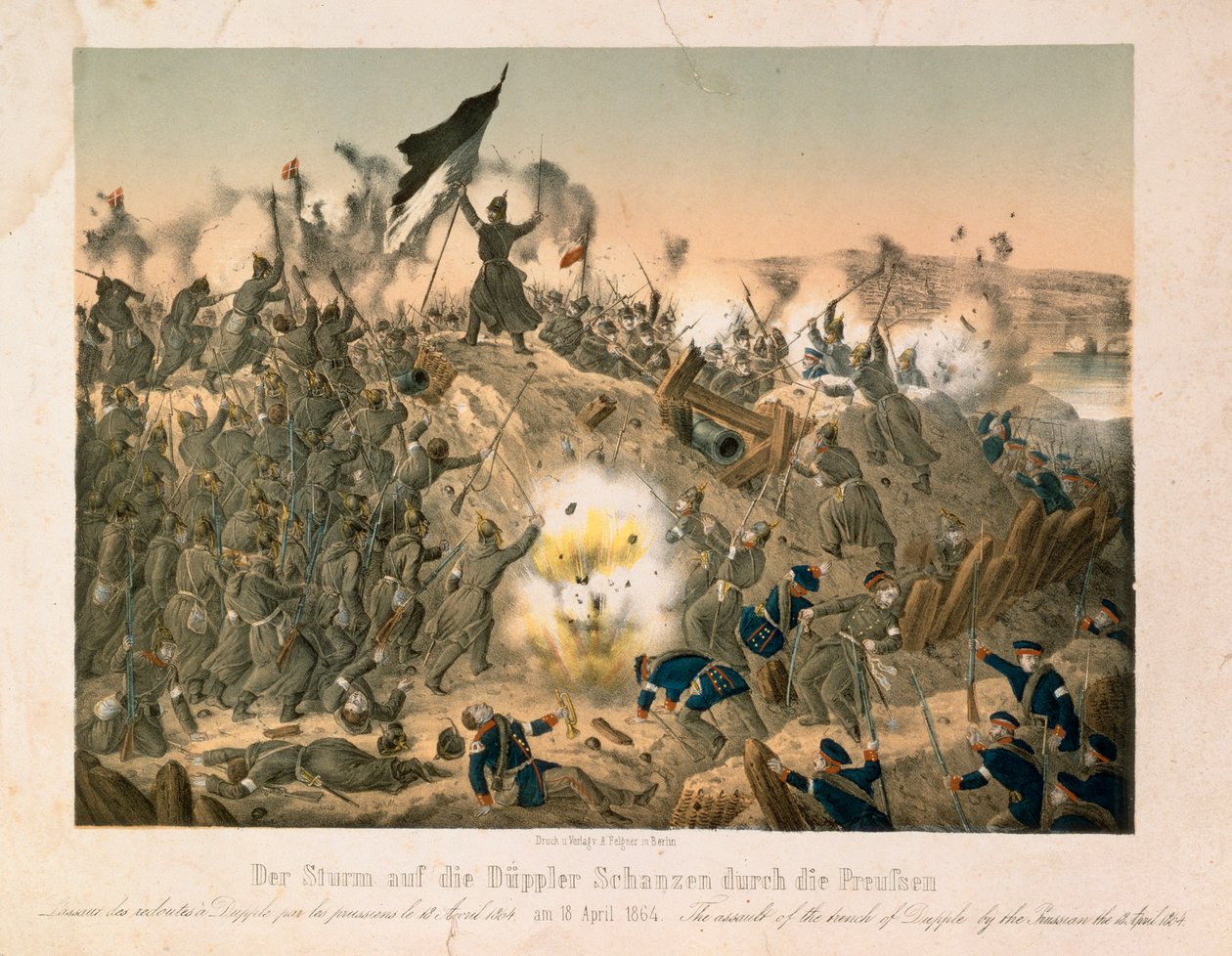 A Batalha de Dybboel na Segunda Guerra de Schleswig, em 18 de abril de 1864, publicada por Verlag A. Felgner, Berlim, 1864 de German School