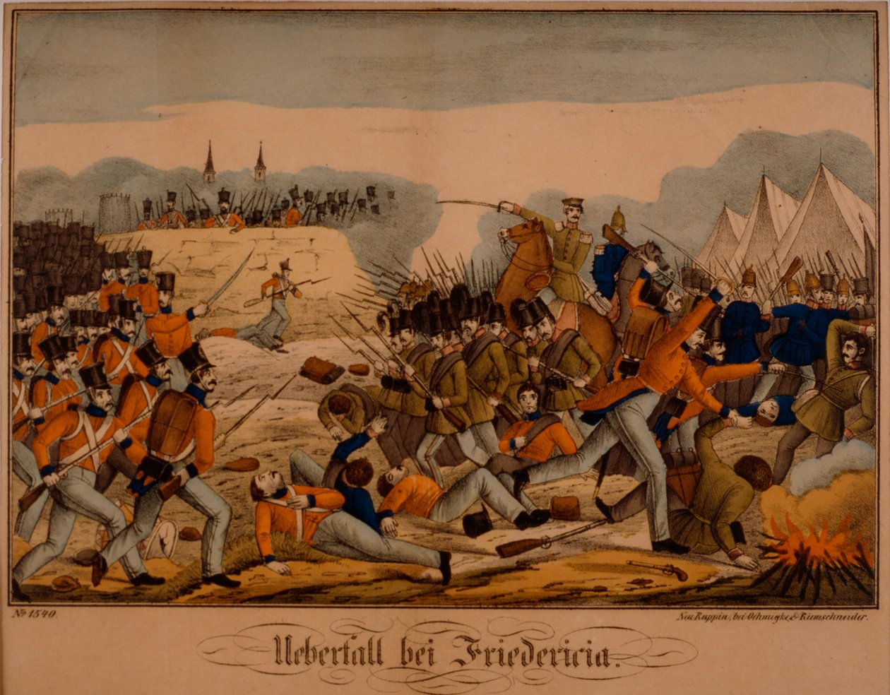 A Batalha de Fredericia durante a Primeira Guerra de Schleswig, 6 de julho de 1849, Neuruppiner Bilderbogen, publicada por Oehmigke & Riemschneider, c.1850 de German School