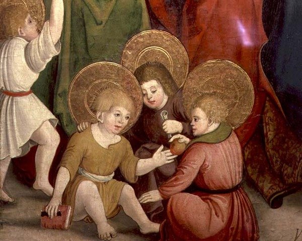 A Infância de São José, detalhe de crianças brincando, Escola Suábia (óleo sobre painel) de German School