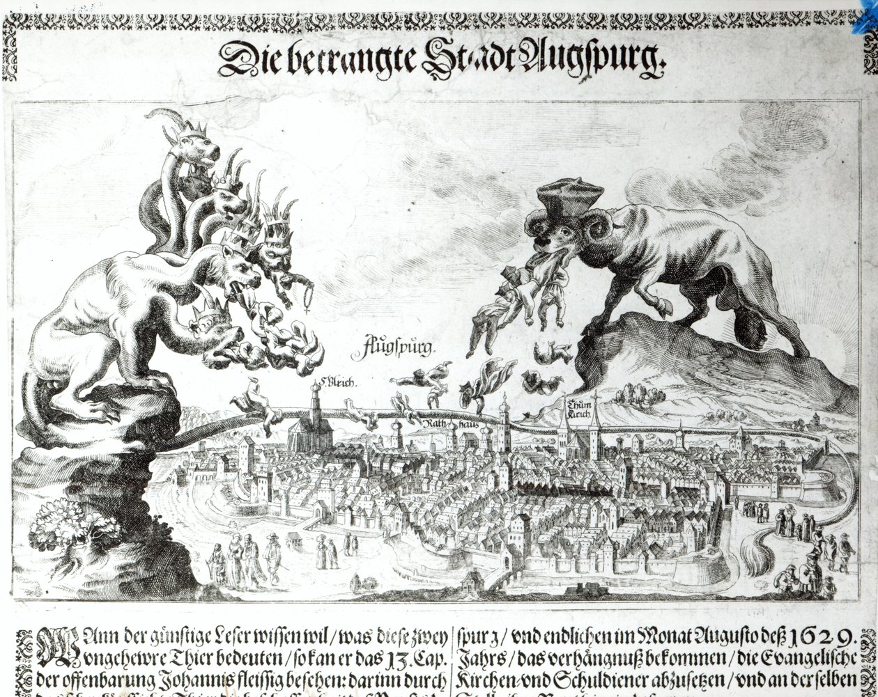 A cidade de Augsburgo forçada a aceitar a Dominação Católica em 1629 (gravura) (foto bw) de German School