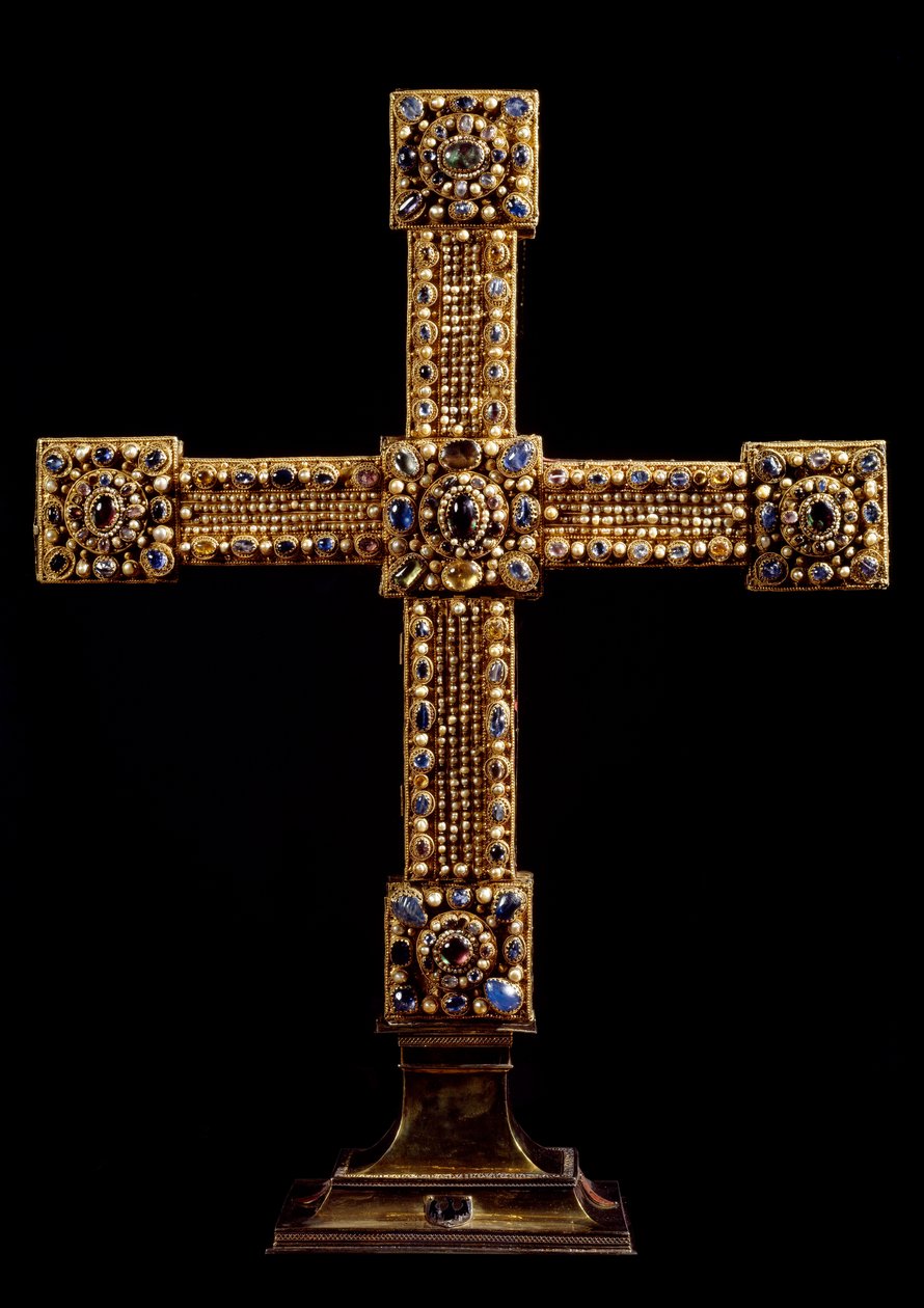 A Cruz do Império (Reichskreuz) feita de ouro, pedras e pérolas pela manufatura alemã. Estreia no século XI Dim. 71x77 cm Viena, Museu Kunsthistorisches - A Cruz do Sacro Império Romano (Reichskreuz) revestida com folha de ouro e decorada com g de German School
