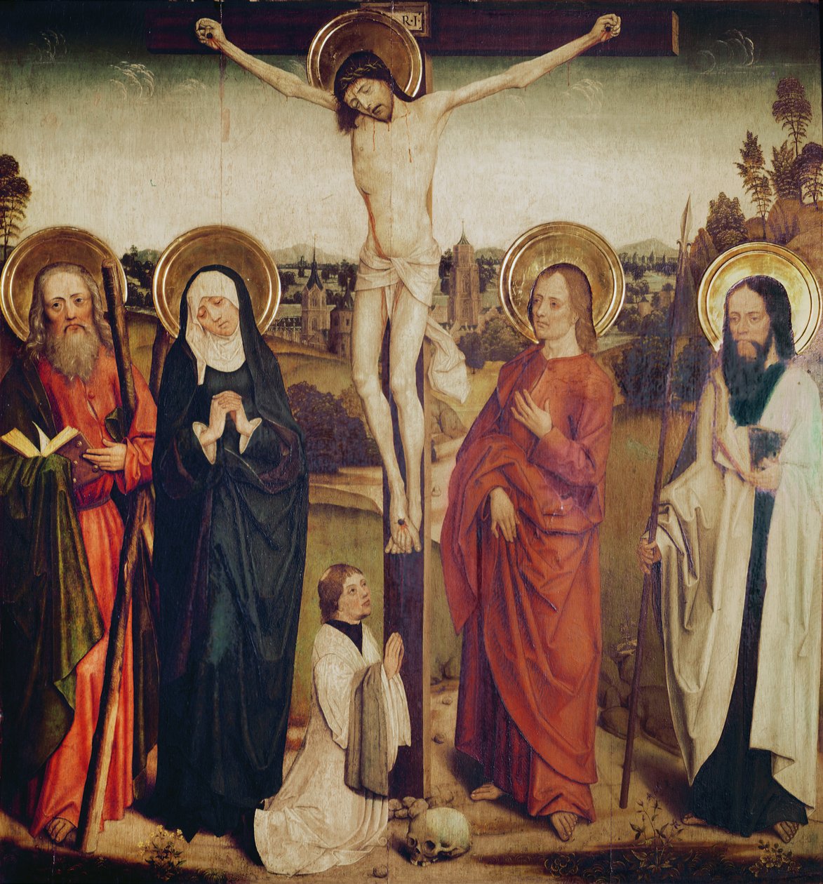 A Crucificação, com Santo André, São Mateus e um homem ajoelhado ao pé da cruz de German School