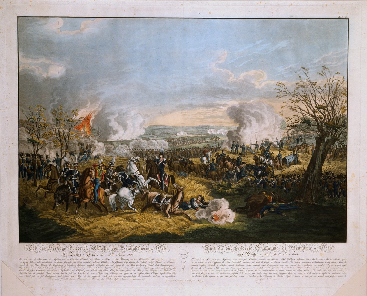 A Morte do Duque de Frederico Guilherme de Brunswick (1771-1815) - na Batalha de Quatre Bras, em 16 de junho de 1815, publicada por JL Rugendas, 1815 (aquatinta colorida) de German School