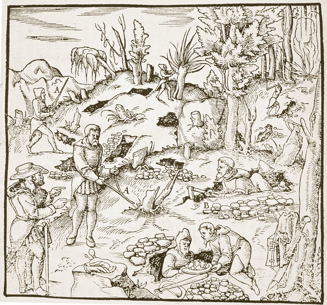 The Divining Rod, de Bergwerk Buch, de Georg Agricola, Frankfurt 1580, ilustrado em History of Magic, publicado no final do século XIX de German School