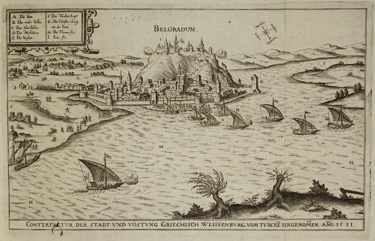 A queda de Belgrado para os turcos em 1521, ilustração de um livro sobre as campanhas otomanas na Europa, gravado por Paul Furst (c.1605-66) de German School
