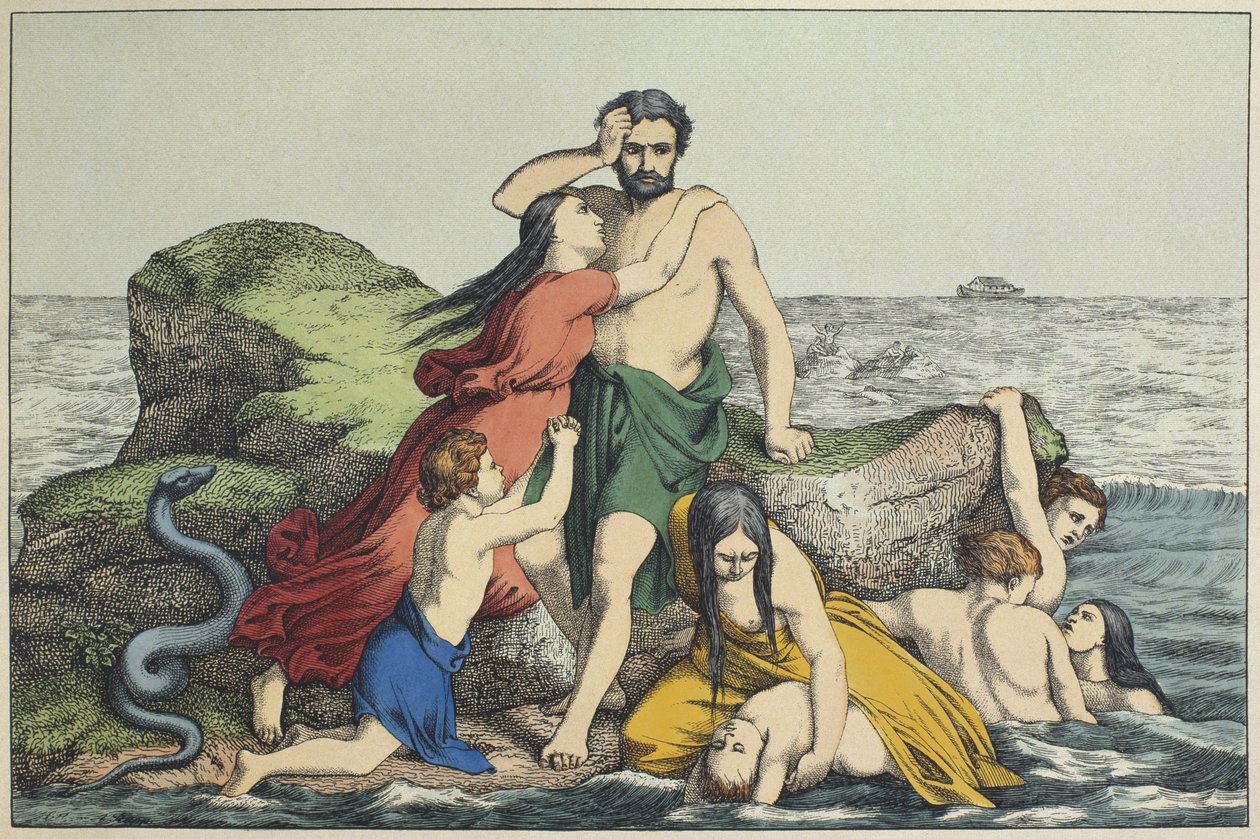 The Flood, ilustração de LAncien Testament, publicado por Jakob Ferdinand Schreiber, Esslingen (gravura a cores) de German School