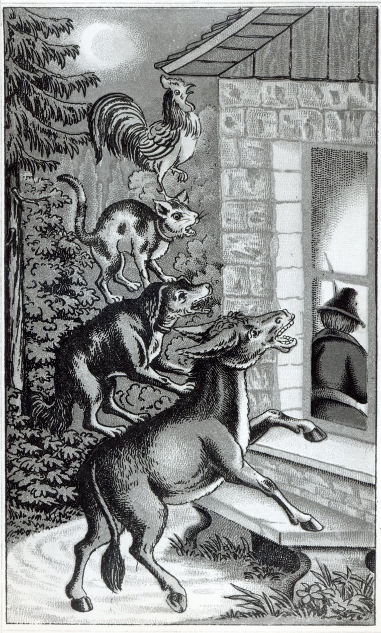 Os quatro animais gritando na janela, ilustração para os músicos da cidade de Bremen, conto pelos irmãos Grimm de German School