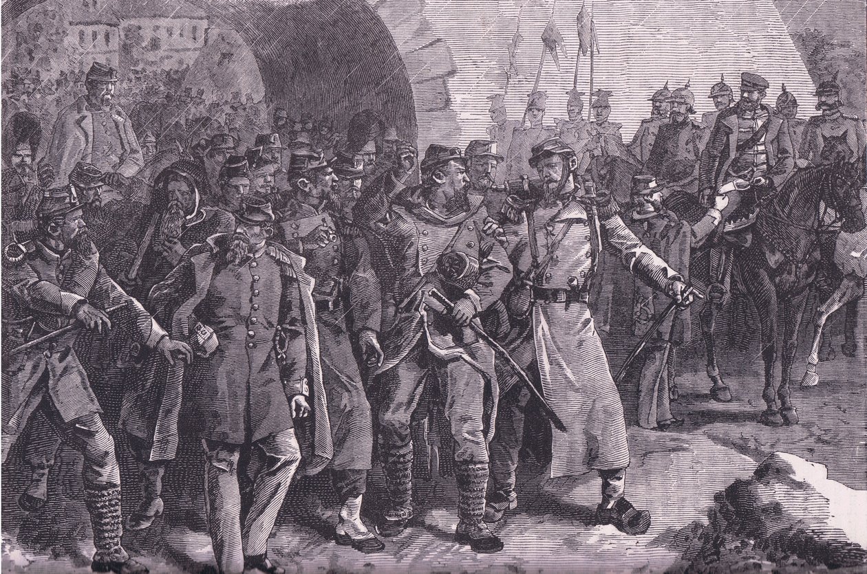 O exército francês deixando Metz, Cassells História da Guerra entre a França e a Alemanha publicado pela Cassell and Company Limited, c.1890 (litho) de German School