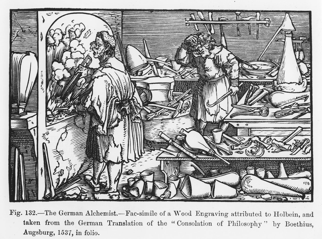 O Alquimista Alemão, da Consolação da Filosofia de Boécio, ilustração da Ciência e Literatura da Idade Média e da Renascença, escrito e gravado por Paul Lacroix, 1878 (b de German School