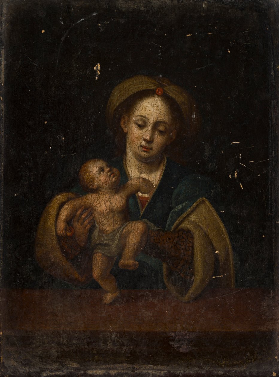 A Madona e o Menino (óleo sobre painel de carvalho) de German School