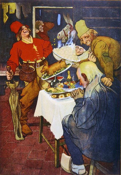 A Mesa Mágica e o Burro Dourado, ilustração de um conto de fadas dos irmãos Grimm de German School