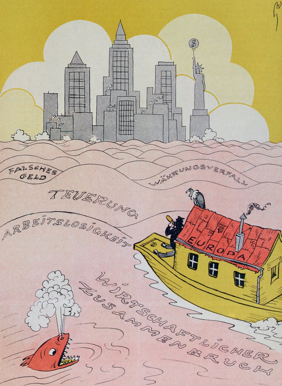 O novo dilúvio no Velho Mundo, cartoon referindo-se à crise econômica européia dos anos 1920, da revista Kladderadatsch, Berlim, 1926 de German School