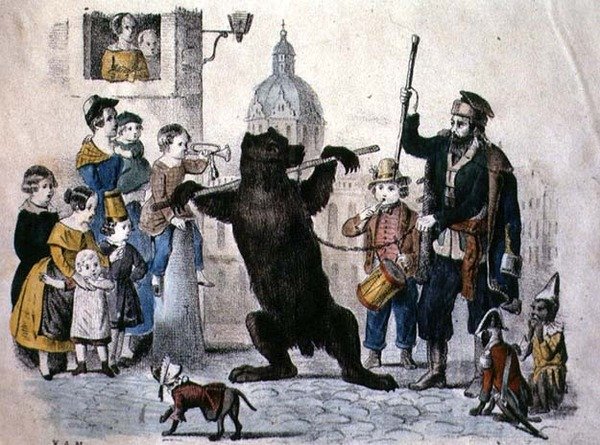 The Performing Bear, c.1860 (gravação a cores) de German School