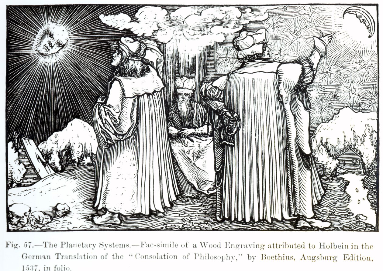 Os Sistemas Planetários, de The Consolation of Philosophy de Boethius, publicado em 1537, ilustração de Ciência e Literatura na Idade Média e Renascença, escrito e gravado por Paul Lacr de German School