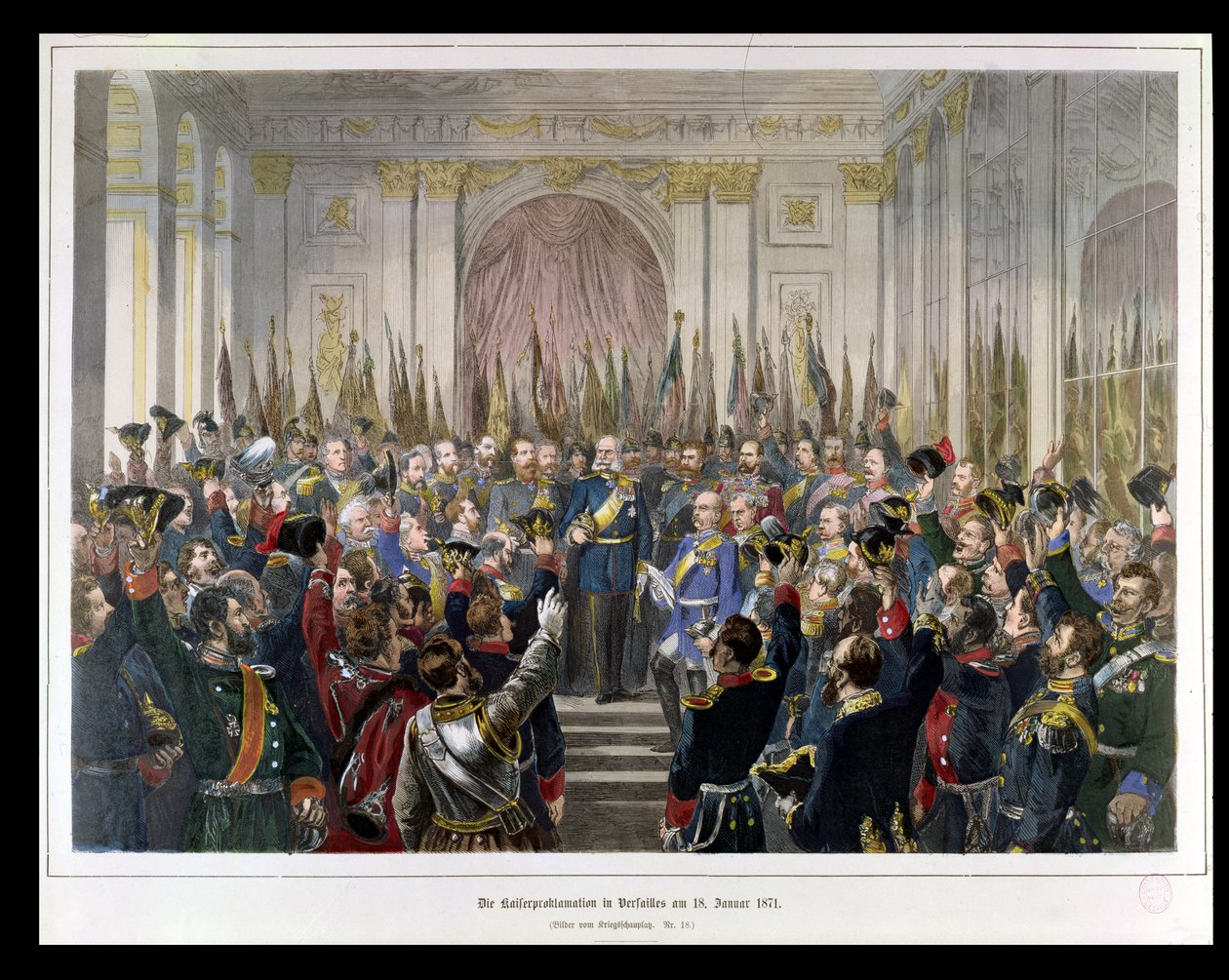 A Proclamação de Wilhelm como Kaiser do novo Reich Alemão, no Salão dos Espelhos de Versalhes em 18 de janeiro de 1871, 1871 (gravura a cores) de German School