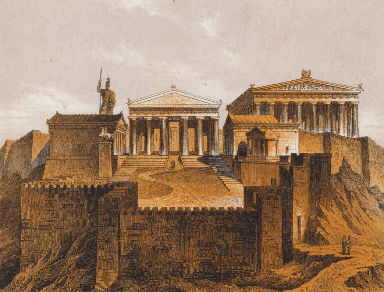 O Propileu, na antiga Atenas, Grécia (litografia a cores) de German School