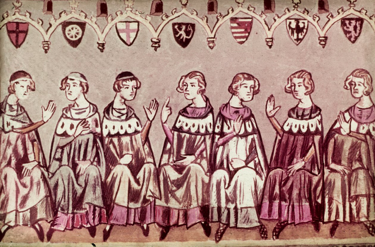 Os Sete Príncipes Eleitores que elegem Henrique VII, Sacro Imperador Romano, ilustração da Crónica de Henrique VII (Balduineum) 1341 (ink & color om vellum) de German School