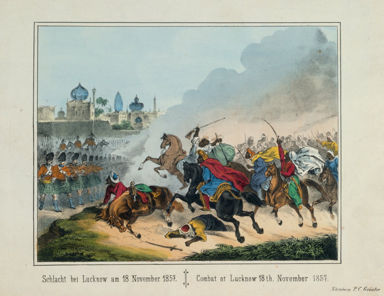 O Cerco de Lucknow em Uttar Pradesh durante a Rebelião Indiana de 1857, panfleto pictórico publicado por PC Geissler, Nuremberg, 1857 de German School