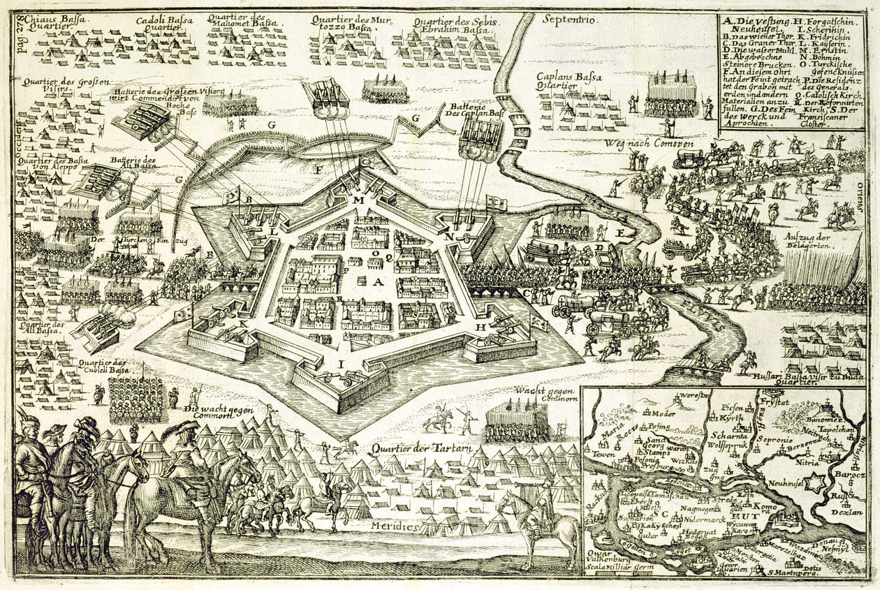 O cerco de Neuhausel pelos turcos em 1663, ilustração de um livro sobre as campanhas otomanas na Europa, gravado por Paul Furst (c.1605-66) de German School