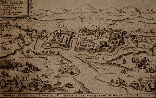 O Cerco de Zolnock pelos turcos em 1552, ilustração de um livro sobre as campanhas otomanas na Europa, gravado por Paul Furst (c.1605-66) (gravura) de German School