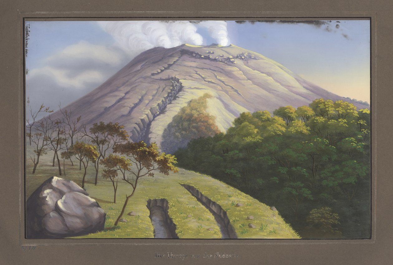 O lado sul da Cimeira do Merapi visto a uma altitude de 5231 pés, Setembro de 1836, pl.VII, do Atlas Topográfico e Científico da Viagem através de Java, pelo dr. Pe. Junghuhn, Magdebur de German School