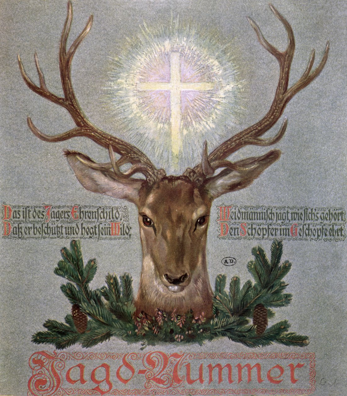 O veado de St. Hubert (655-727), ilustração de capa de um jornal de caça, 1908 de German School
