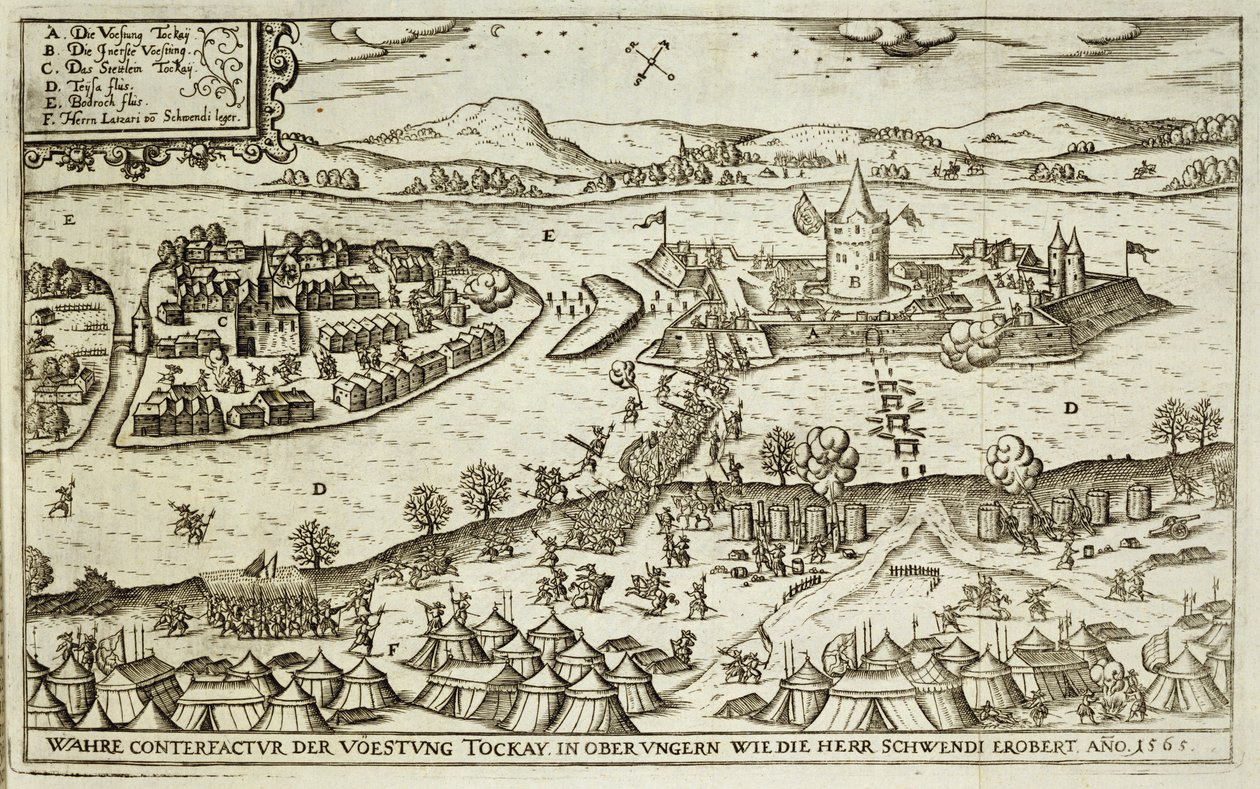 A cidade de Tokay recuperada dos turcos por Herr Schwendi em 1565, ilustração de um livro sobre as campanhas otomanas na Europa, gravada por Paul Furst (c.1605-66) de German School