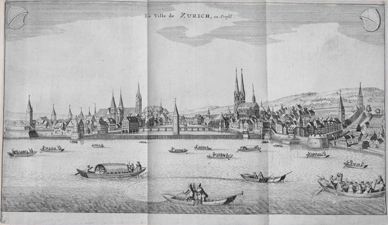 A cidade de Zurique, na Suíça, do Volume II de Itinera Alpina, de Johann Jacob Scheuchzeri, publicou 1706 de German School
