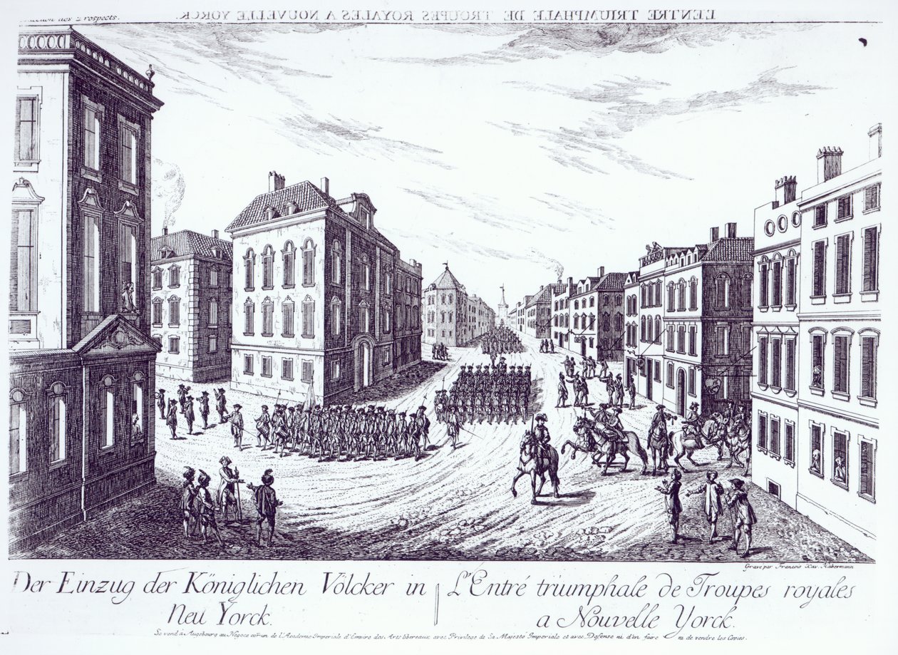 A Entrada Triunfante das Tropas Reais em Nova York, 1776, gravada por François Xavier Habermann de German School