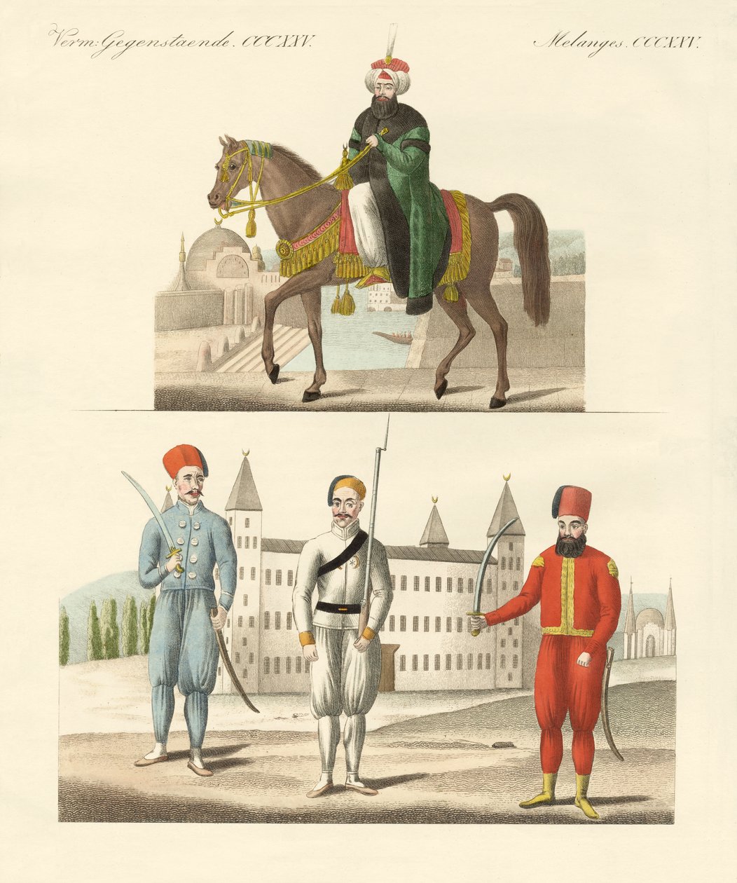 O sultão turco Mahmud e as suas novas tropas (gravura colorida) de German School