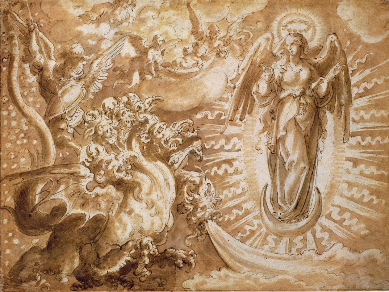 A mulher vestida com o sol e o dragão de sete cabeças, c.1600 (caneta e tinta com giz preto) de German School