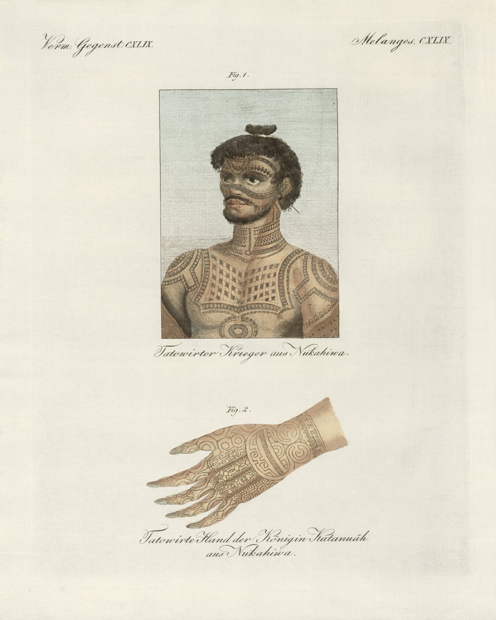 A arte da tatuagem na ilha de Nukahiwa (gravura colorida) de German School