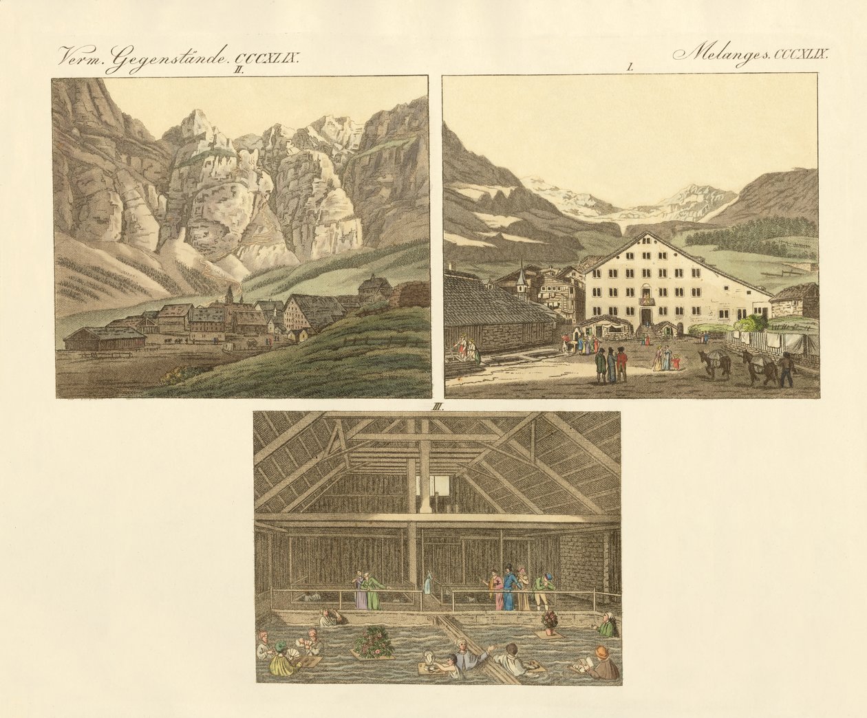 O banho de Leuker no Cantão de Wallis (gravura colorida) de German School
