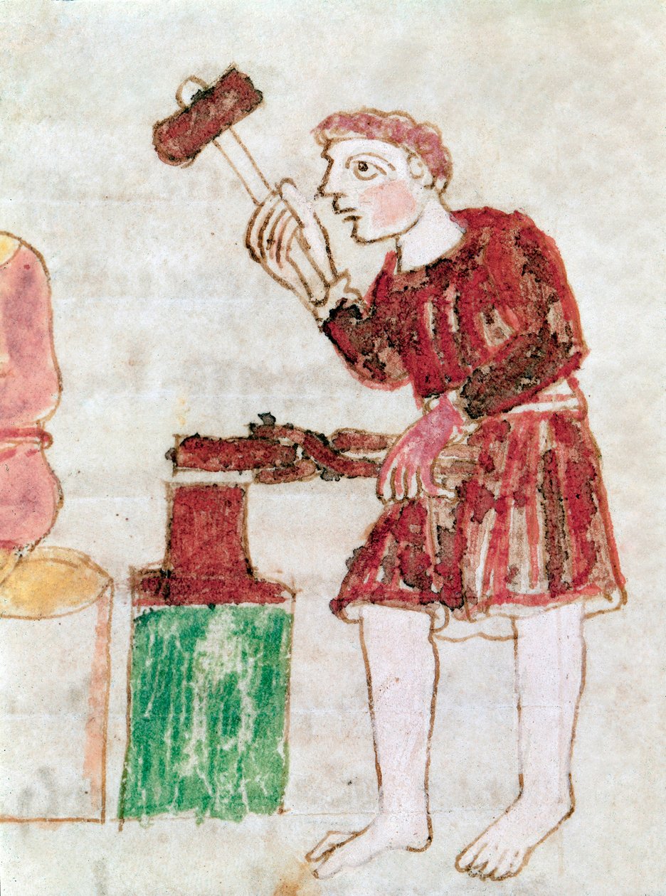 O ferreiro batendo ferro em uma bigorna em miniatura do manuscrito “” De Universo ”” de German School