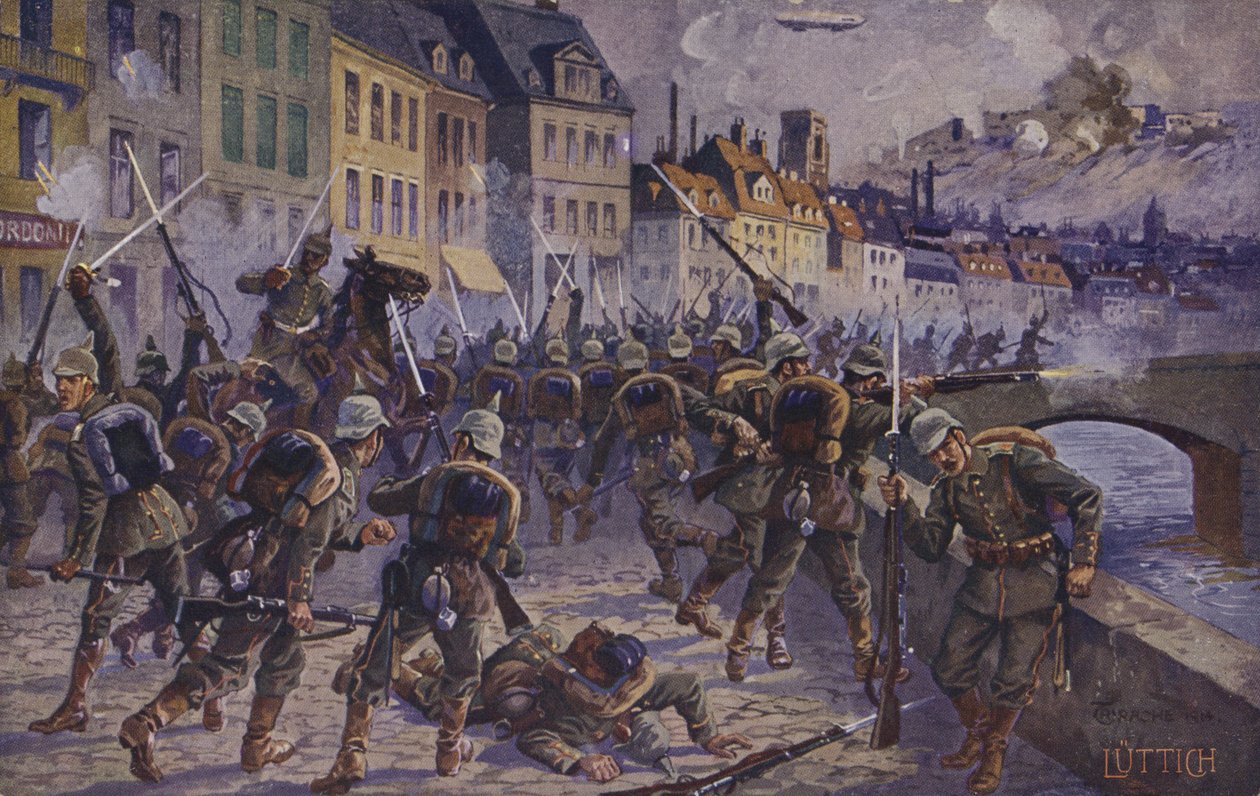 A tomada de Liège, Bélgica, Primeira Guerra Mundial, 7 de agosto de 1914 (litografia a cores) de German School