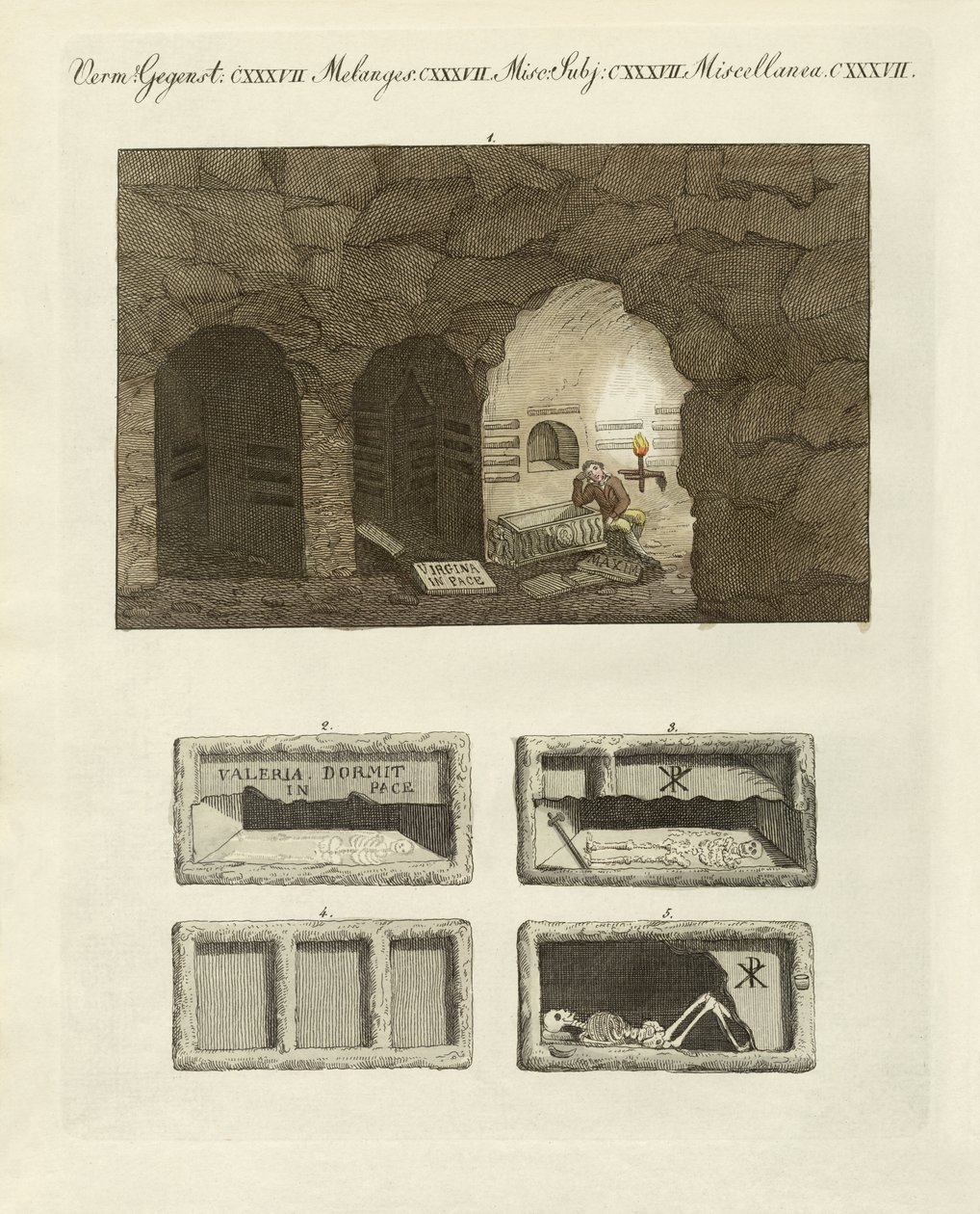 As catacumbas das escavadoras subterrâneas em Roma (gravura colorida) de German School