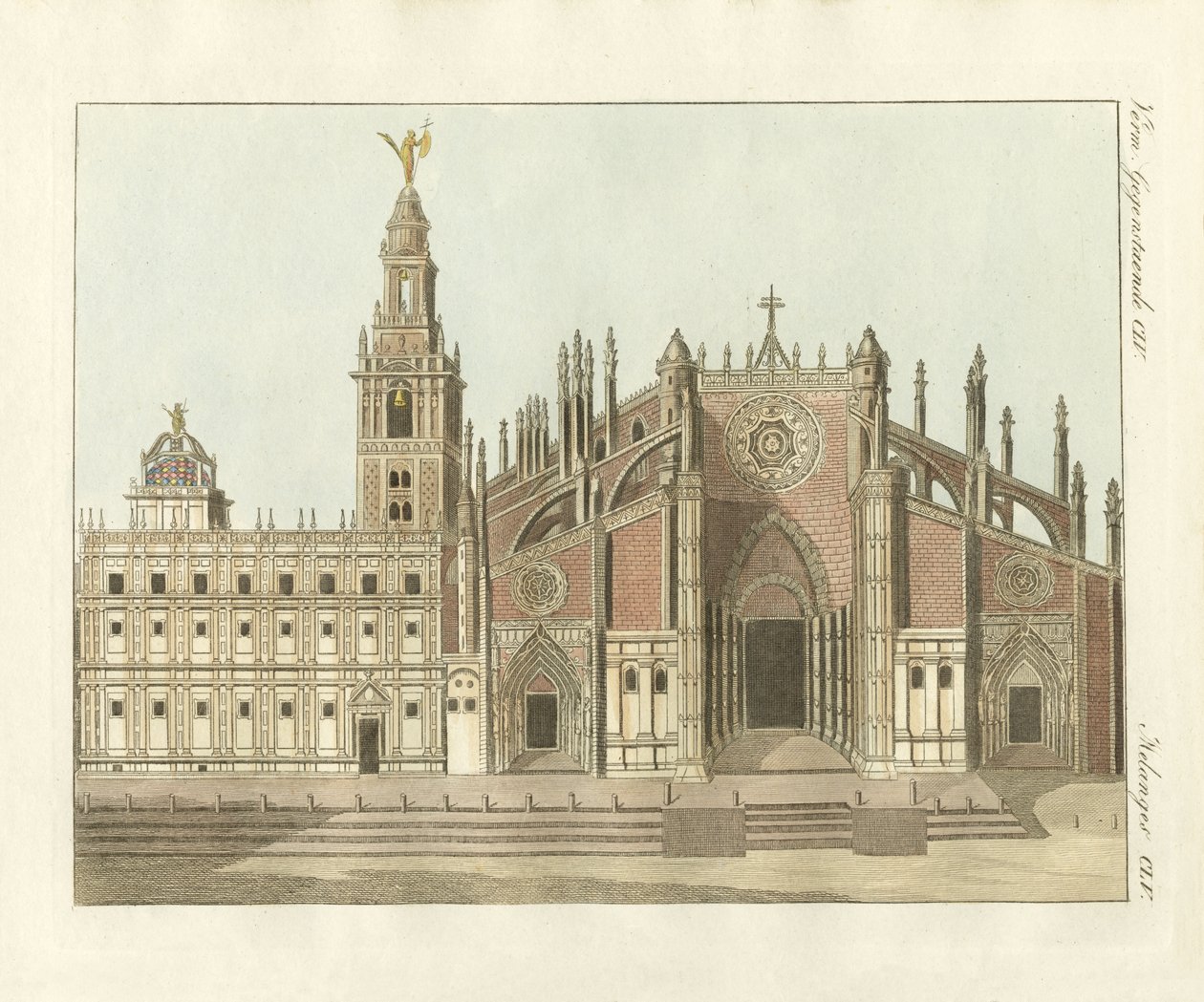 A catedral ou igreja metropolitana de Sevilha (gravura colorida) de German School
