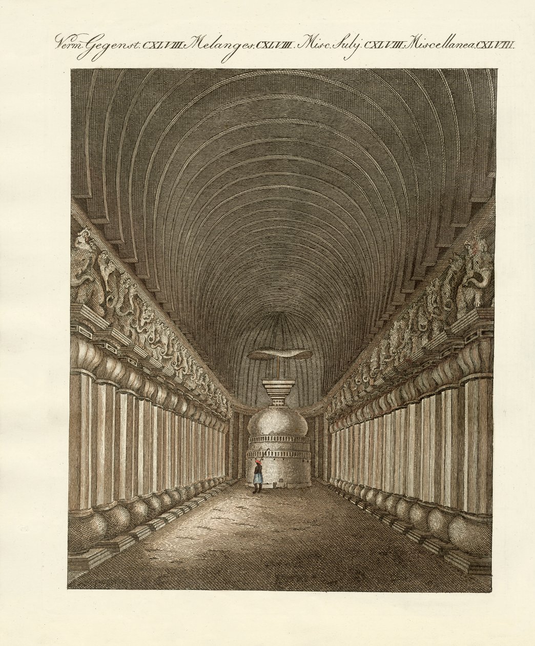 As cavernas de Carli na Índia (gravura colorida) de German School