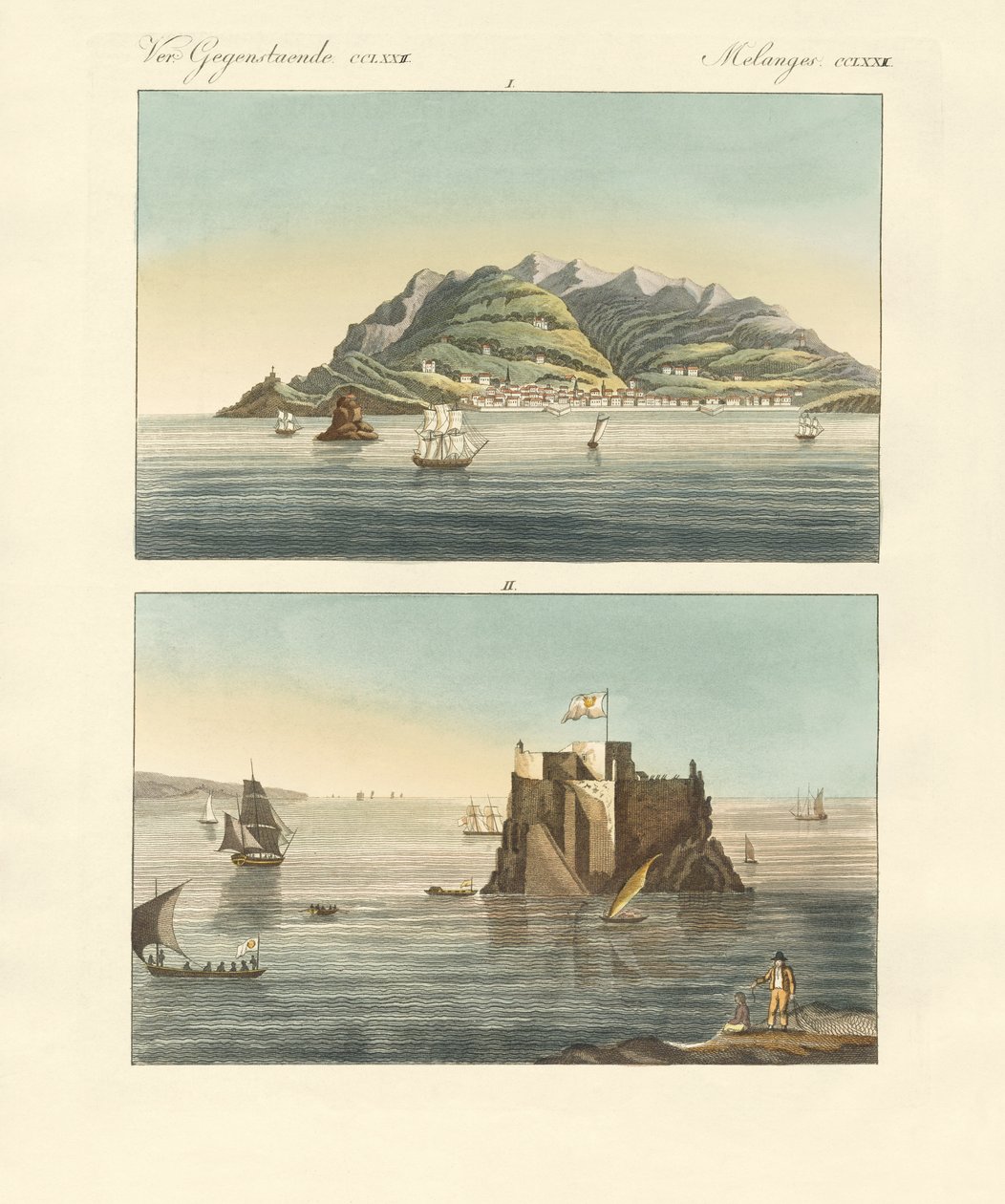 A cidade do Funchal e o Forte Loo da Ilha da Madeira (gravura a cores) de German School