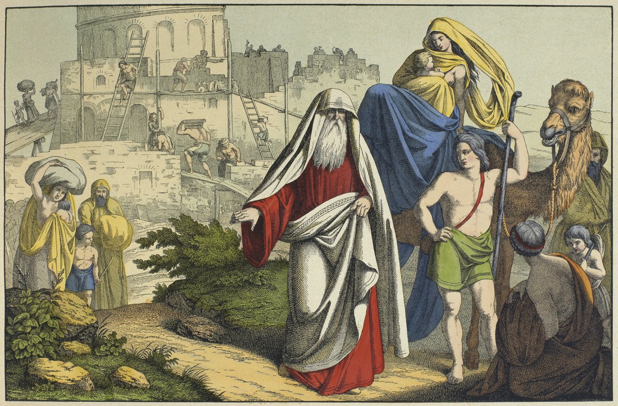 A construção da Torre de Babel, ilustração de LAncien Testament, publicada por Jakob Ferdinand Schreiber, Esslingen (gravura a cores) de German School