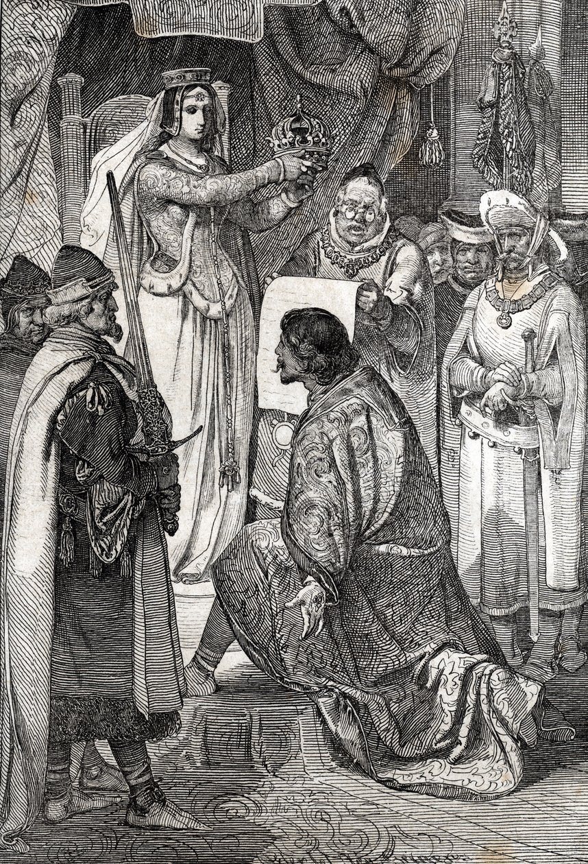A coroação de Erik XIII da Pomerânia como rei dos reinos nórdicos da Suécia, Dinamarca e Noruega, por Margaret I da Dinamarca de German School